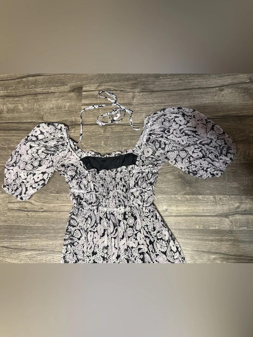 by Anthropologie Small Floral Smocked Puff Sleeve Midi Dress Boho Black - Picture 8 of 11